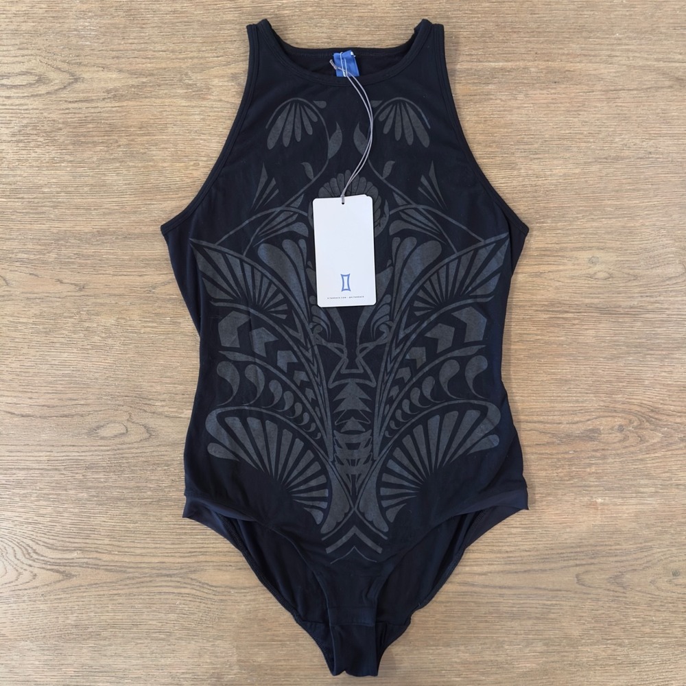 Kit and Ace Women's High Top Bodysuit-Contour Fit-Black Silver Print-Size‎ 6 NWT